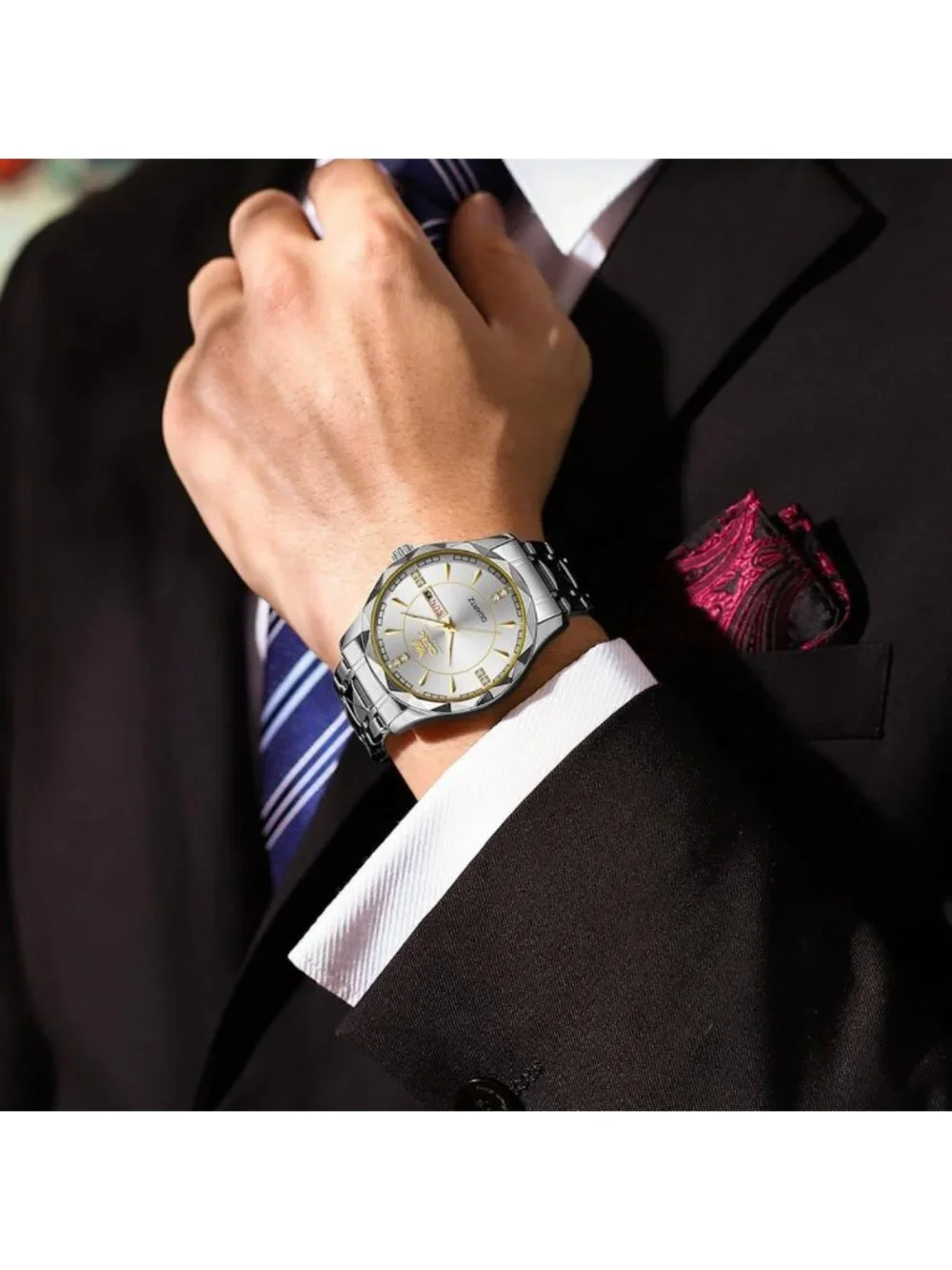 Stylish Waterproof Men's Watch with Diamond Roman Numerals, Stainless Steel